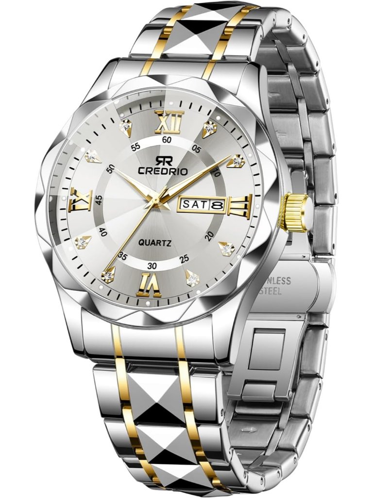 Men Silver Stainless Steel Waterproof Diamond Analog Quartz Luminous Wrist Watch